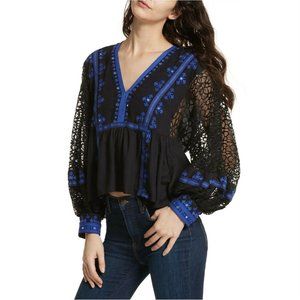 Free People Boogie All Night top L black lace blue trim